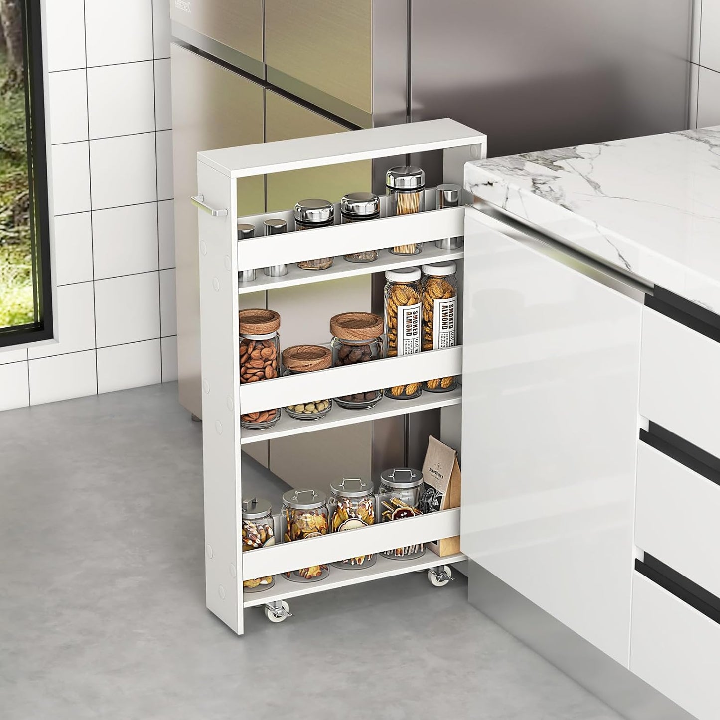 MAT EXPERT Slim Rolling Storage Cart, 4-Tier Freestanding Slim Storage Cart with Wheels 360 Degree & Metal Handle, Wooden Utility Cart for Narrow Kitchen, Laundry Room, Bathroom (Plain White)