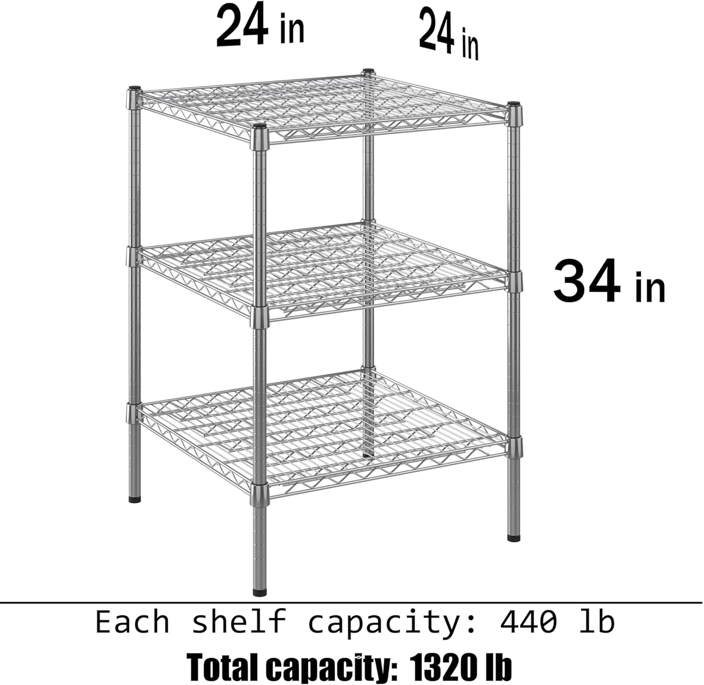 24" Deep x 24" Wide x 34" Height Wire Shelving Kit | 3-Tier | NSF Commercial Storage Rack Unit