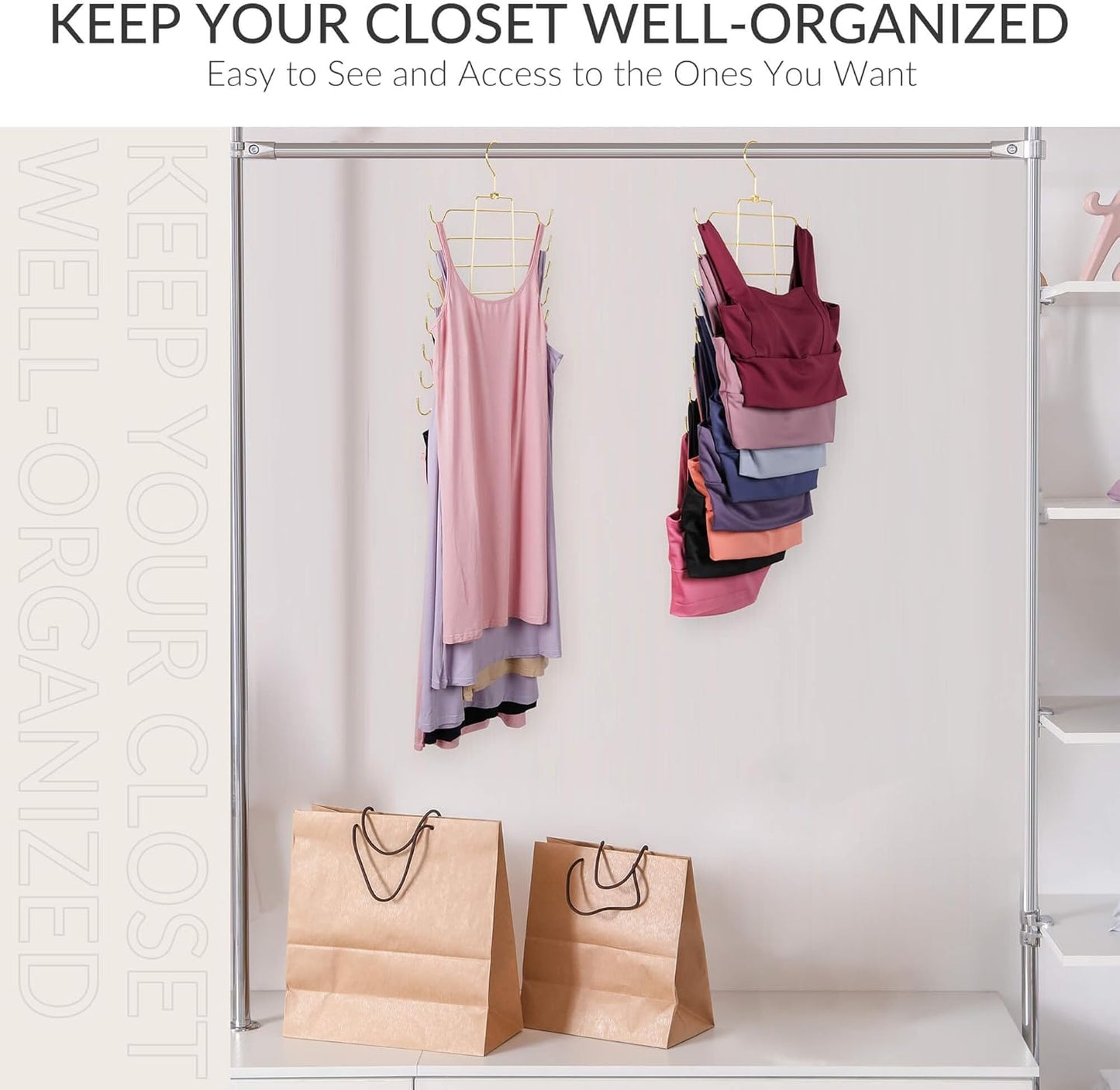 ZEDODIER 2 Pack Tank Top Hanger Space Saving, Bra Hangers for Closet Organizer, Hanging Bra Organizer Tank Tops Holder with 16 Hooks, Metal Closet Organizers and Storage Small Space Solutions, Gold