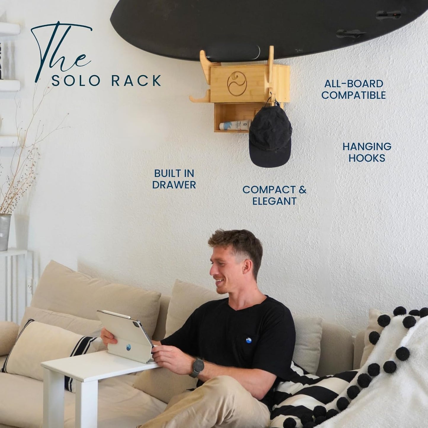 LISS Solo Rack – Wall Mount Surfboard Holder for ONE Board – Bamboo Board Rack with Interchangeable Arms & Hidden Storage Drawer – Fits Shortboards, Longboards, SUPs, Wakeboards, Snowboards up to 12ft