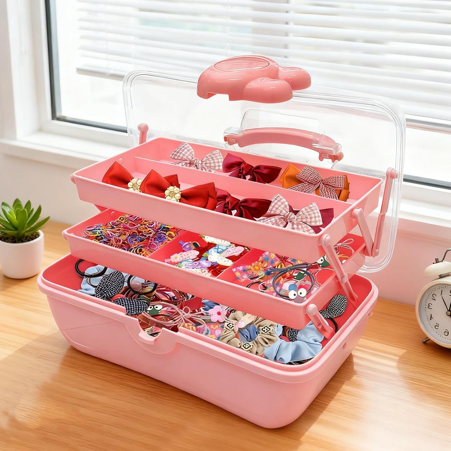 3-Tier Lockable Hair Accessories Organizer for Girls - Foldable Craft Storage Box Pink Plastic box with 2 Trays for Headbands, Art Supplies, Beads & Washi Tapes