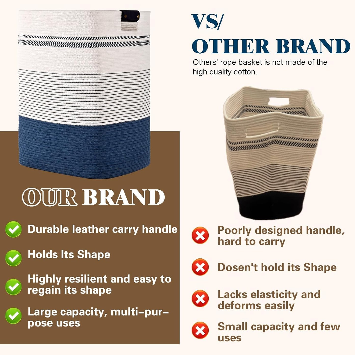 Laundry Hamper, 85L Tall Laundry Basket with Leather Handles, Rectangle Large Clothes Hamper for Organizing, Cotton Woven Laundry Baskets Storage Hampers for Bedroom, Nursery, Living Room