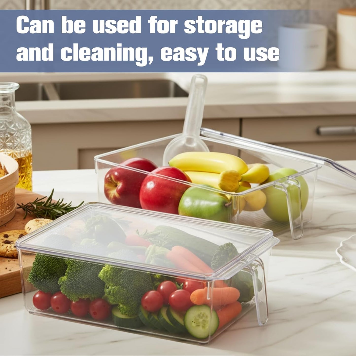 Havawish 4 Pcs Ice Storage Bin for Freezer with Lid and Flexible Scoop Set Plastic Ice Container with Lid Handle for Home Office Fridge Storage (12.4 x 8.07 x 3.94 Inches,Clear)