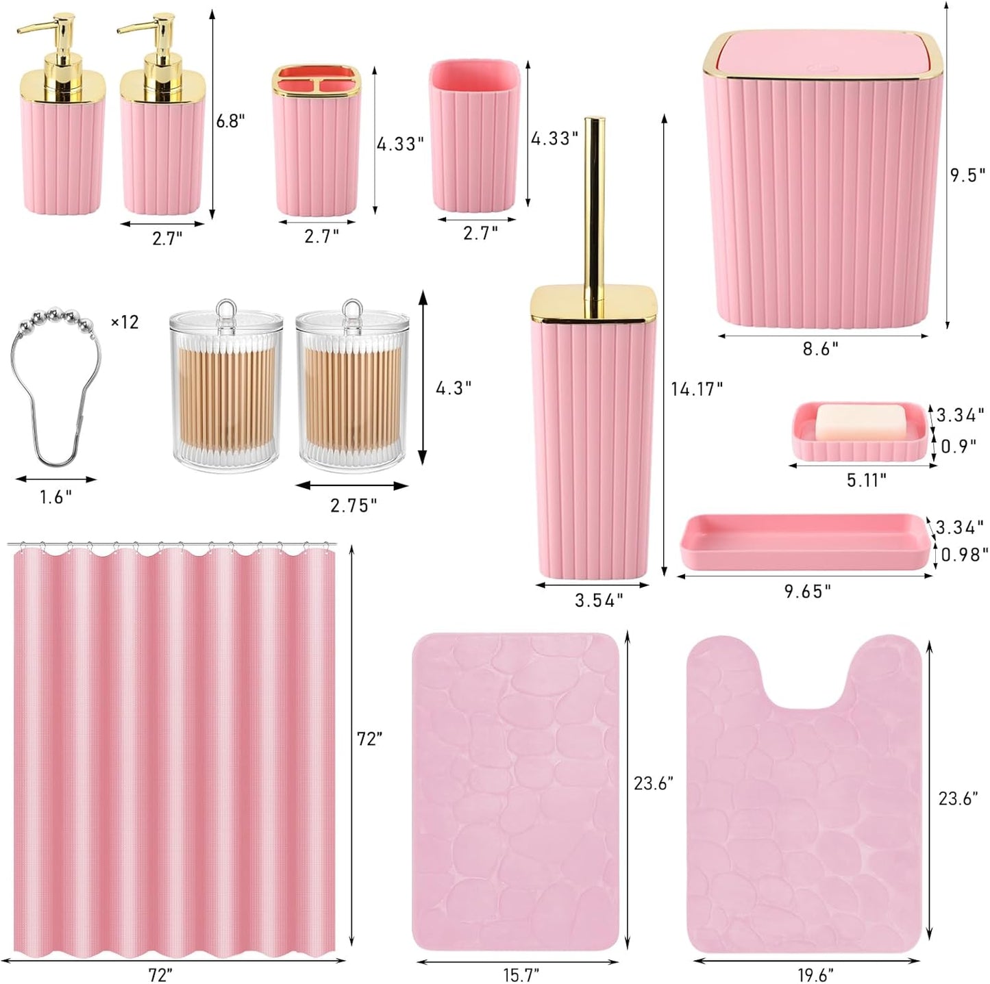 Pink Bathroom Set with Shower Curtain and Rugs- 25PC Bathroom Accessory Set, Pink Shower Curtain Set, Toilet Brush, Trash Can, Qtip Holder Dispenser & Soap Dispenser