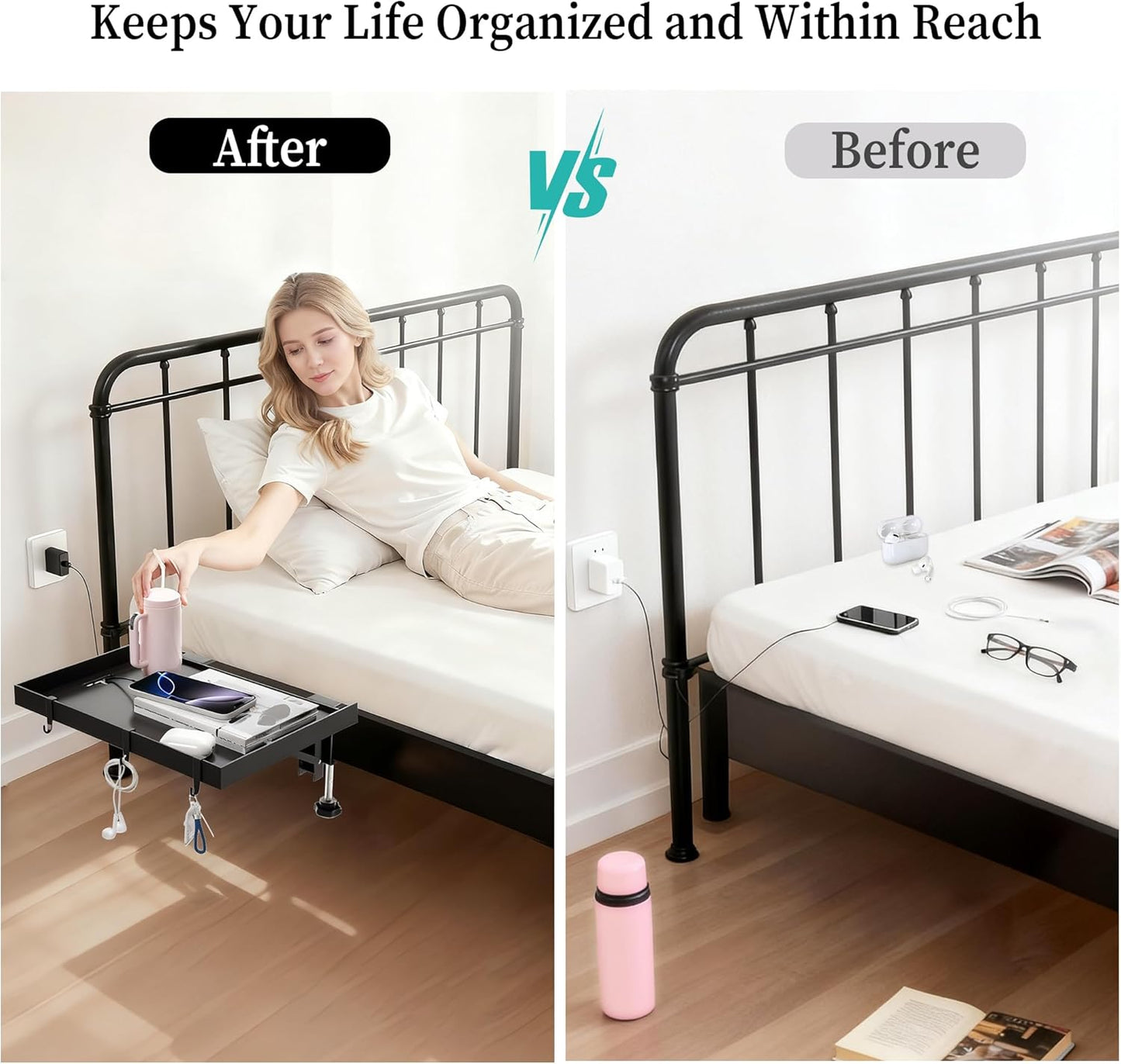 Foldable Bedside Shelf, Metal Clip-On Bed Tray Table for Bunk Bed & Dorm Beds, Dorm Room Essentials Organizer for College Students, Floating Tray, Space Saving Nightstand for Loft Beds (Black, Small)
