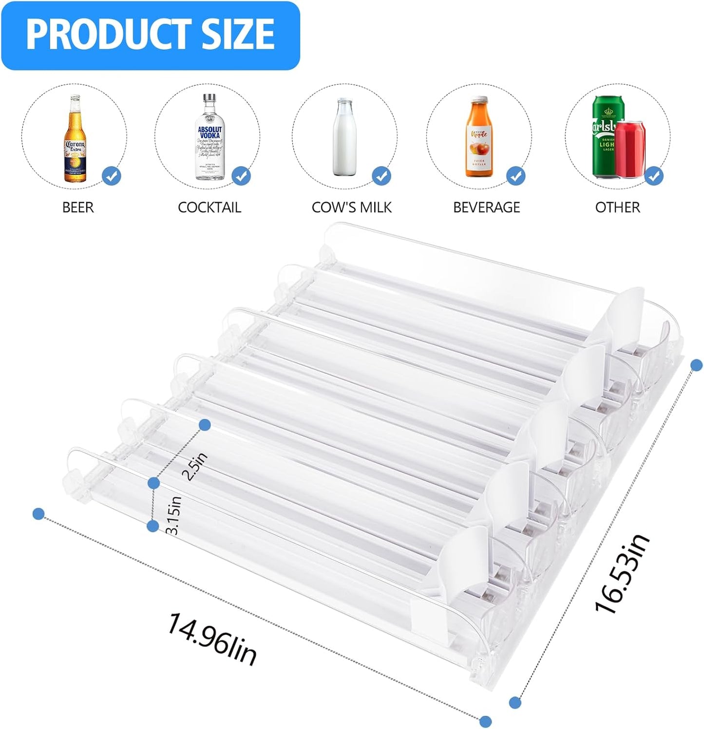 SOLY Drink Organizer for Fridge, Soda Can Dispenser for Refrigerator, Automatic Drink Dispenser Holds 6–20oz, 5 Row, 14.96" Deep