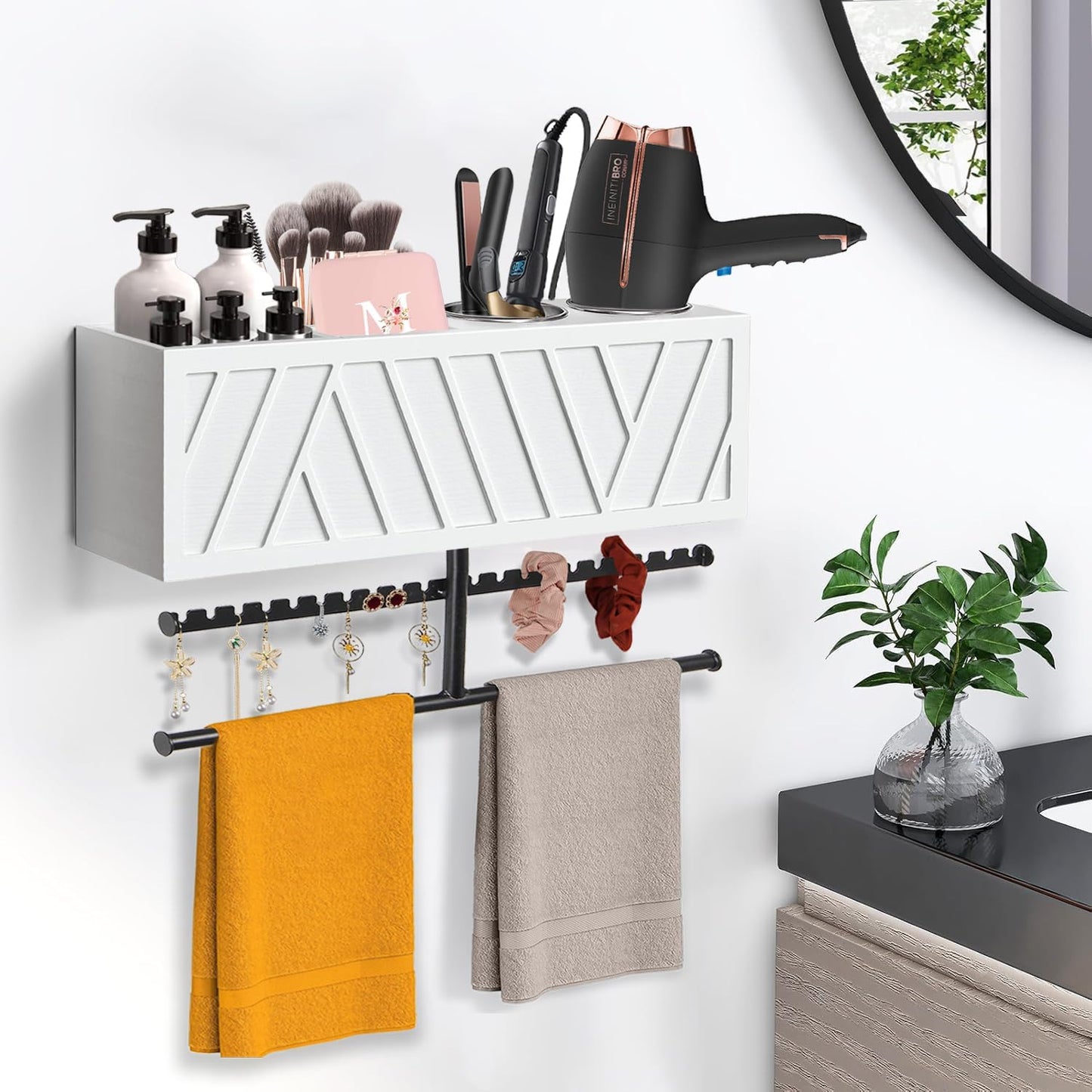 Rustic Hair Dryer Holder Wall Mounted,Hair Styling Tools & Accessories Organizer,Bathroom Supplies & hot Tools vanities Organizer Caddy,for Storage Flat Iron,Blow Dryer,Curling Iron,Towel