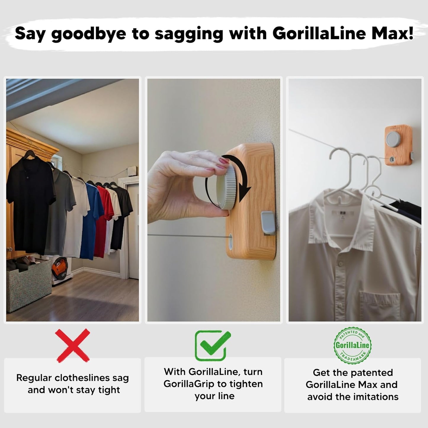 GorillaLine Max - Retractable Clothesline Indoor Outdoor Clothes Line - Heavy Duty Clothes Drying Laundry Line - Wall Mounted Drying Rack - Air Dry Clothing - Max Tighten with GorillaGrip