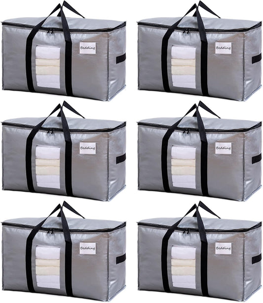 TAILI Extra Large Moving Bags, 6 Pack Silver Heavy Duty Totes for Storage with Visible Window, Wrap Around Handles, Storage Bags for Space Saving, Alternative to Moving Boxes
