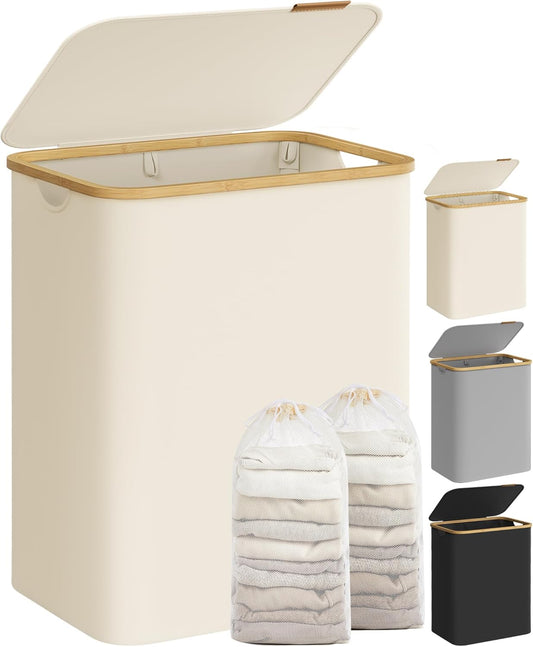 SONGMICS Laundry Hamper with Lid, 2-Section Large Laundry Basket, 34.3-gallon (130L), Removable Mesh Liner, Bamboo Handles, Collapsible, 20.5 x 15.2 x 27.8 Inches, Cream White ULCB513W01