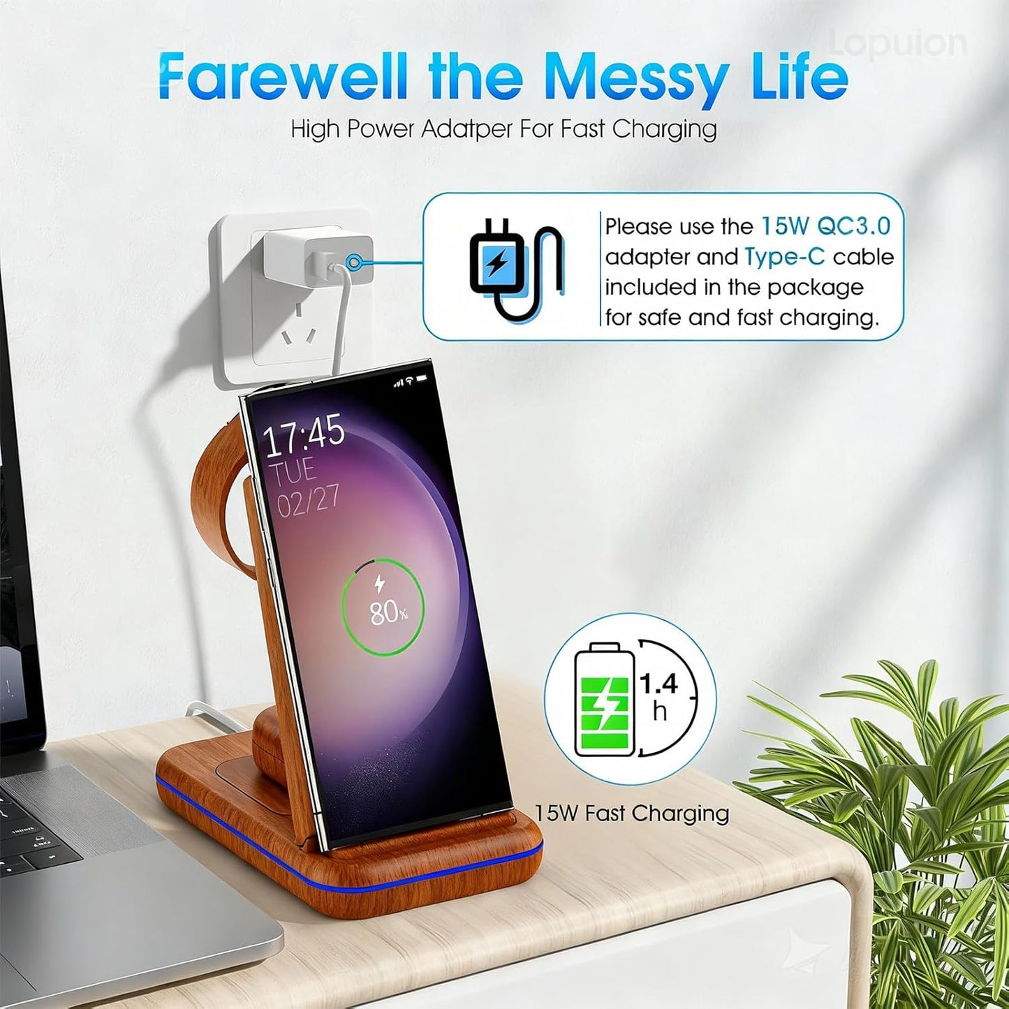 Wireless Charging Station for Samsung/Android, Fast Wireless Watch Charger Station Compatible for Samsung Galaxy S25 Ultra/S24/S23+/Z Flip 7/6 Fold 7/6, Watch8/7/Pro/Active 2 Galaxy Buds3/2 Pro(Wood)