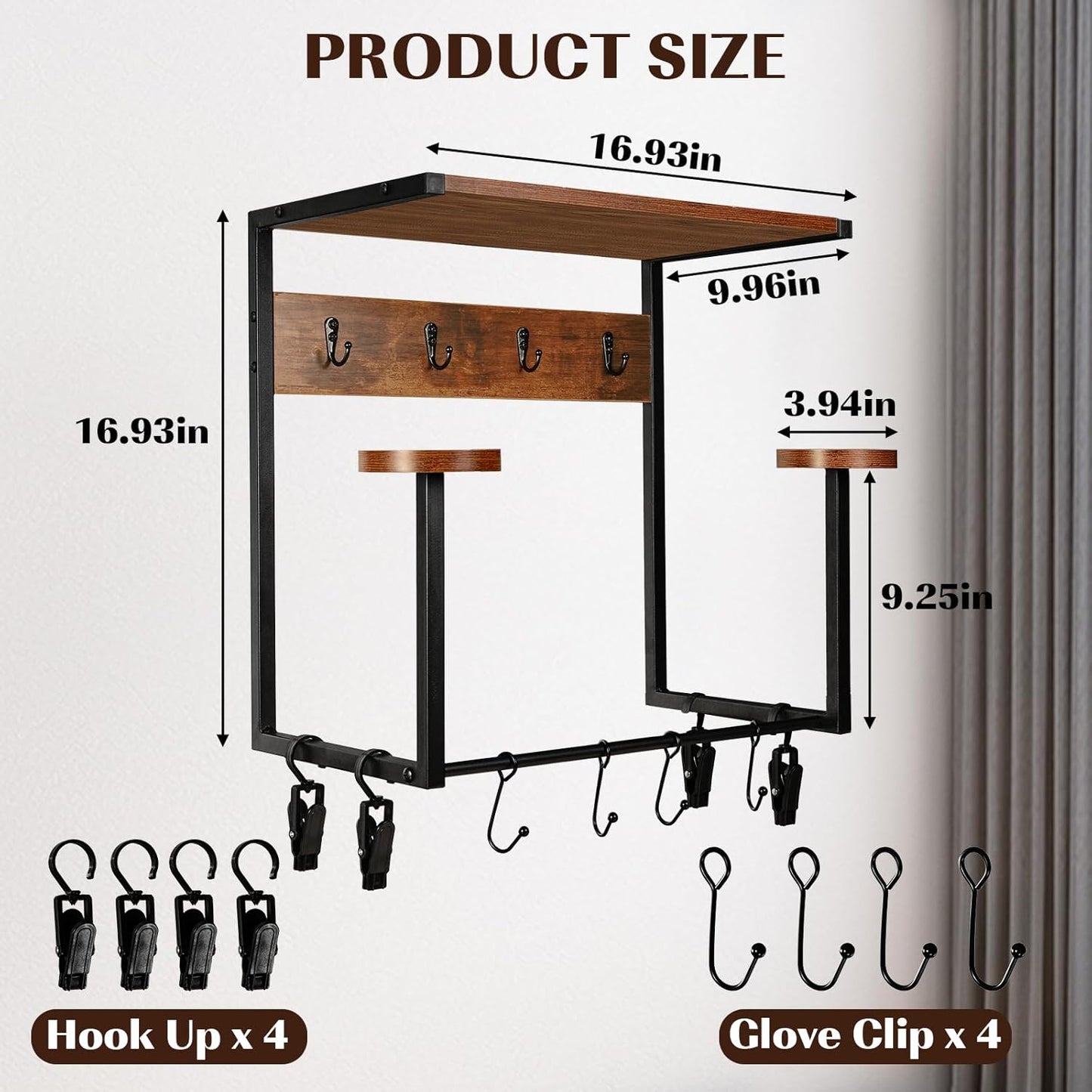 Motorcycle Helmet Holder Wall Mount, Wooden Helmet Display Stands with Metal Frame Tiered Organizer,with 2 Helmet Rack,4 Glove Chips and 8 Hooks for Motorcycle Gear Accessories Storage