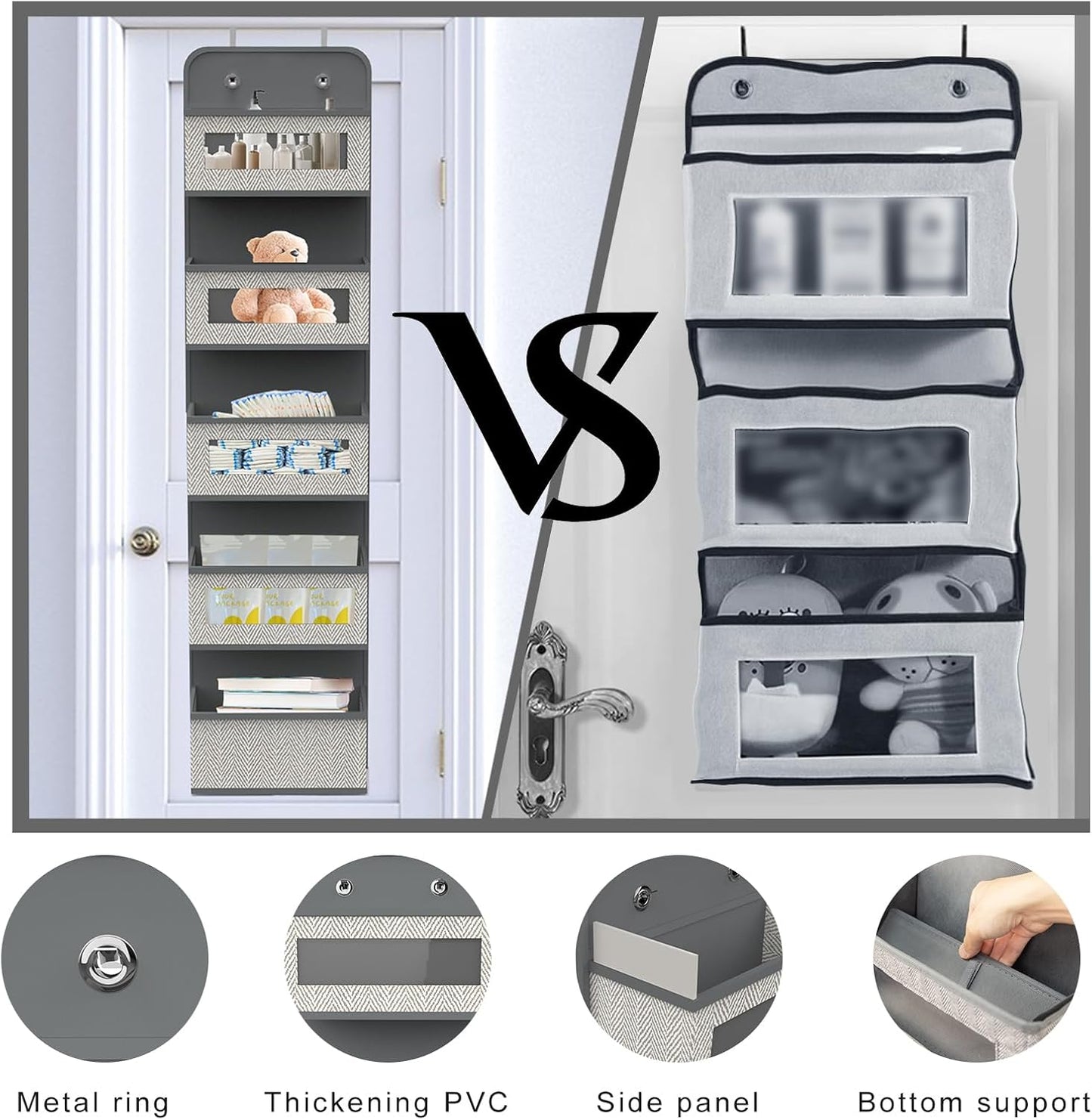 Over The Door Hanging Organizer with 5 Big Pockets, Wall Mount Fabric Back of Door Storage Organizer with Clear Window & Metal Hooks for Pantry Closet Diaper Dorm Nursery Bedroom