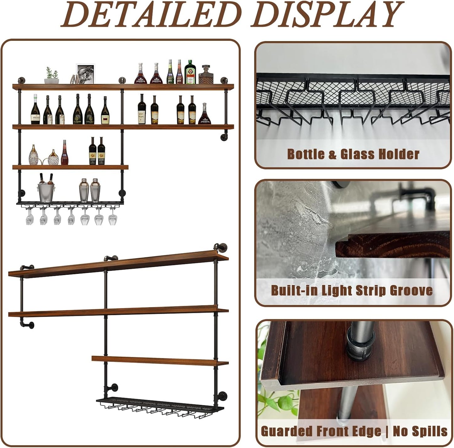 Solid Wood Wall Mounted Wine Rack, Large Wine Rack with LED Light, 4 Tiers Liquor Bottles Floating Shelves with Glass Holder, Industrial Bar Shelves for Home Bar Dining Room (157.5 IN/ 400CM)