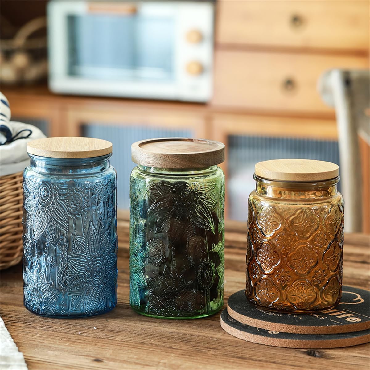 ANSQU Set of 2 Vintage Blue Glass Storage Jars with Wood Lids, 34oz Kitchen Canisters for Coffee, Sugar, Cookies, Candy – Decorative Pantry Organizers (Blue 2, 34 Ounces)
