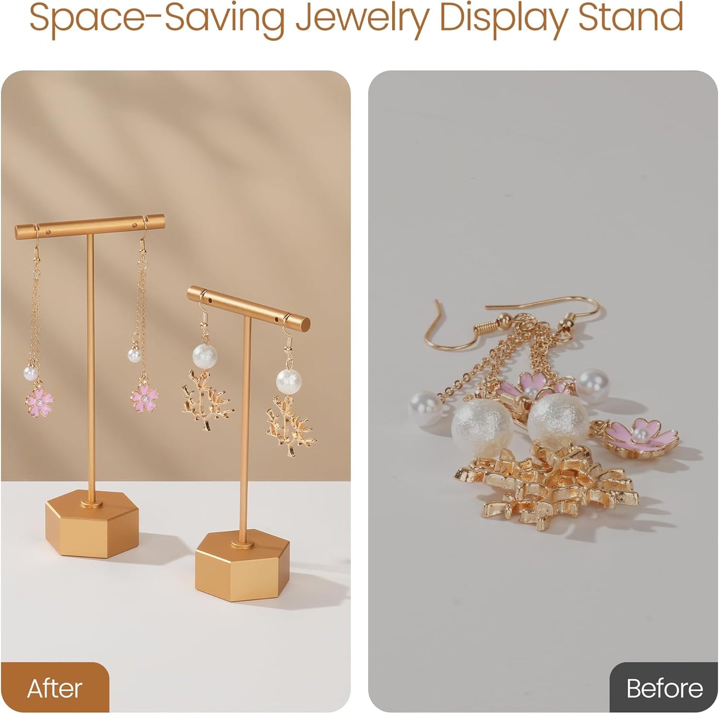 Metal Earring Stand Display Hexagon Base Earring T Bar Display Necklace Bracelet Ring Ear Studs Jewelry Display Rack for Vendors Photography and Showcase, Gold 2pcs Height 5.31" and 4.52"