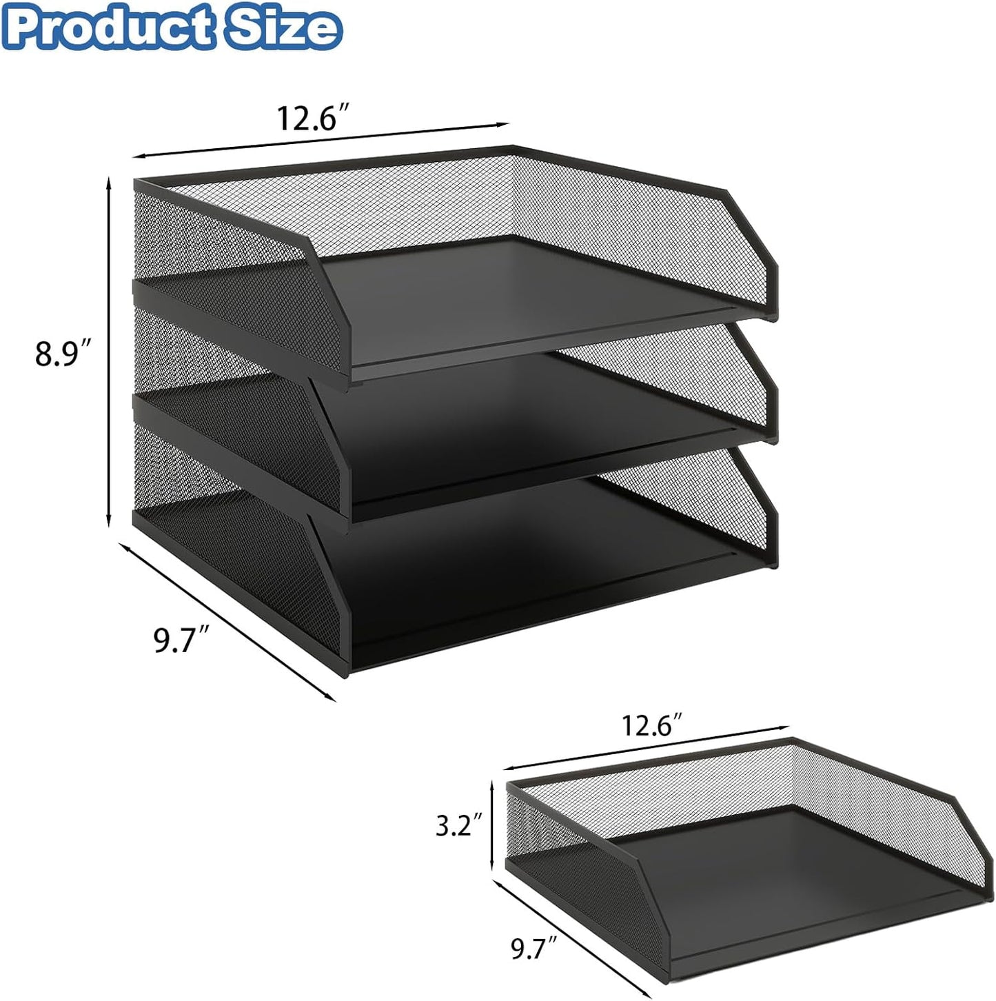 Natwind 3-Tier Stackable Paper Tray, Metal Mesh Desktop Organizer, A4 Paper Sorter, Letter Trays,File Folder Sorter Organizer with Sliding Tray for Home, Office, School (Black)