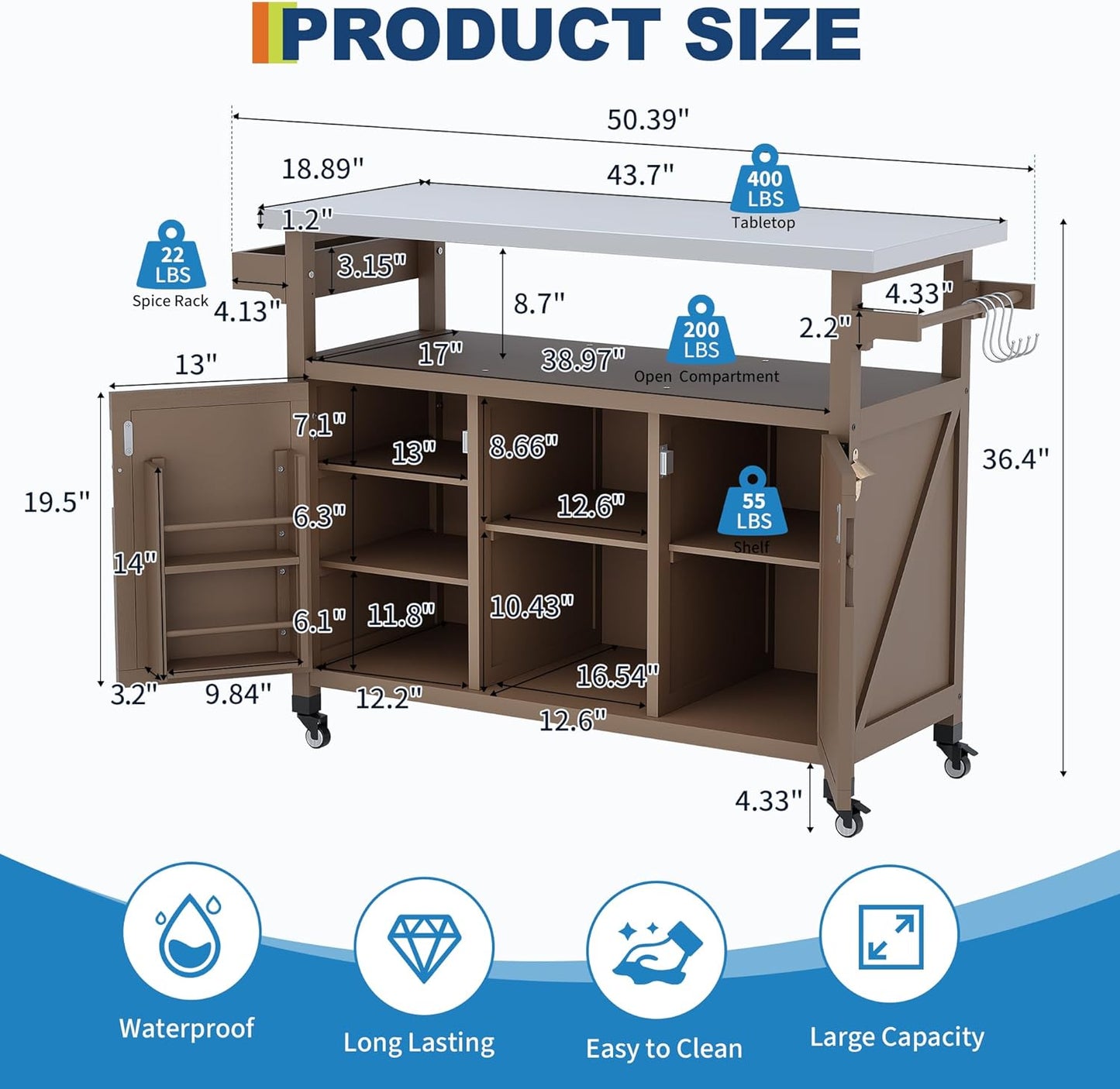 Outdoor Grill Cart with Storage Cabinet, Wood Outdoor Kitchen Island on Wheels, Grill Cart Table with Stainless Steel Table Top, Spice Rack, Towel Rack & Lockable Wheels for Kitchen,BBQ, Coffee