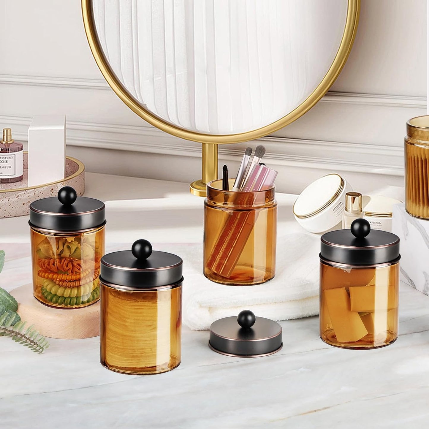 Amolliar Bronze Glass Apothecary Jar With Metal Lid & Stickers, Bathroom Qtip Dispenser Storage Canister, Perfect for Cotton Balls, Cotton Swabs, Makeup Pads, Bath Salt, Floss 1 Pack(ORB)