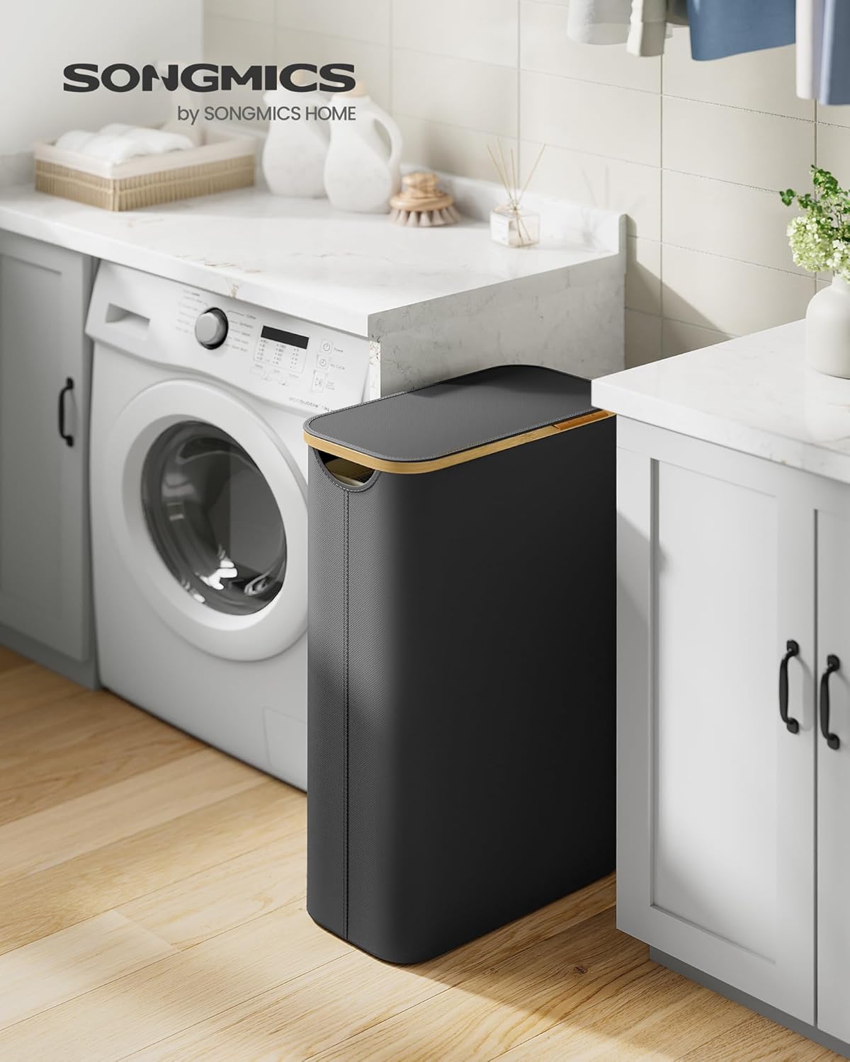 SONGMICS Laundry Hamper with Lid, Slim Laundry Basket, 17.2 Gallons (65L), Space-Saving, Removable Mesh Liner, Bamboo Handles, Collapsible, 16.5 x 8.9 x 27.8 Inches, Ink Black ULCB506B01
