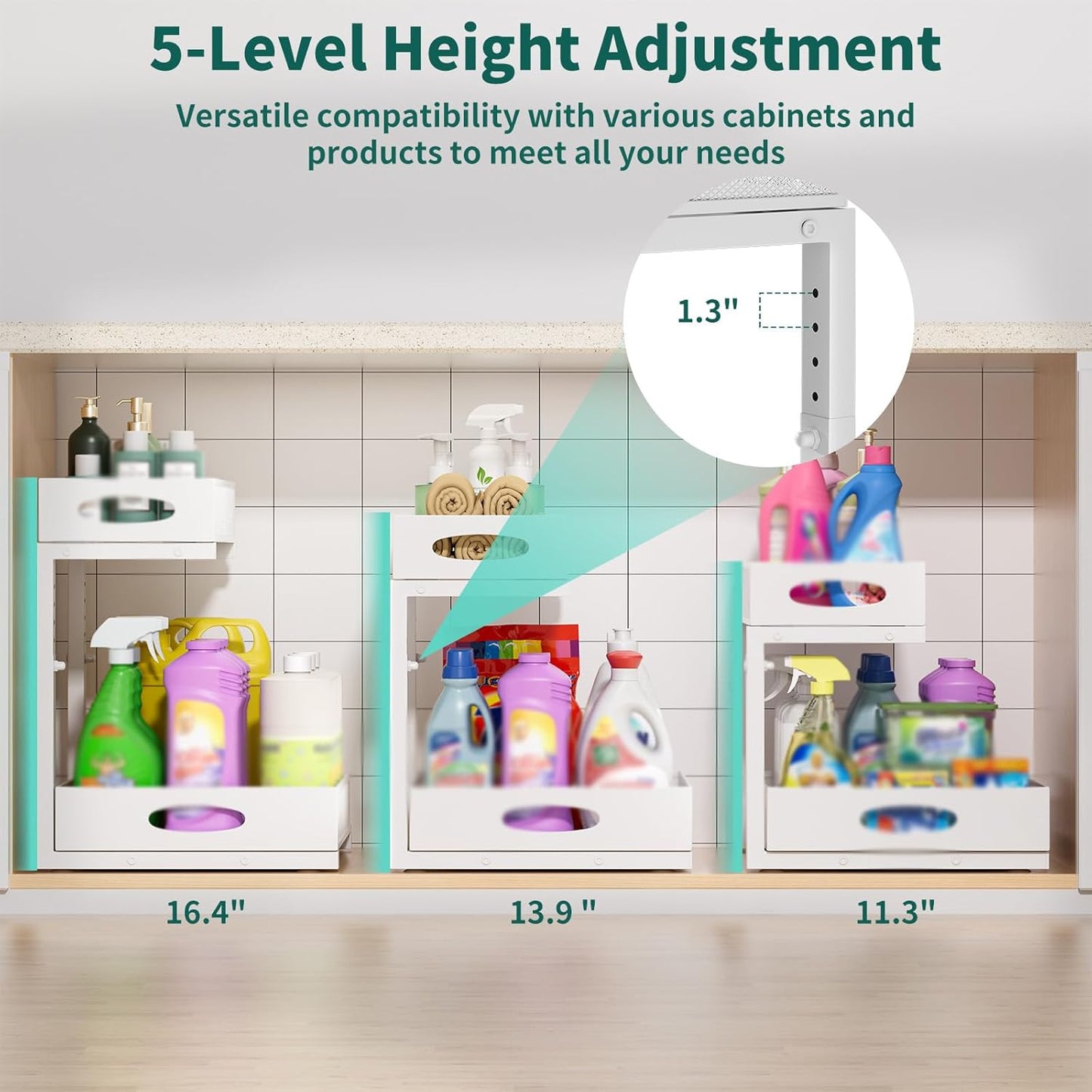 Under Sink Organizer, Extra-Wide Upgrade, 2 Pack 2 Tier Metal Slide Out Cabinet Organizer, Height Adjustable Organization and Storage Series, Bathroom/Cabinet/Kitchen organization, White