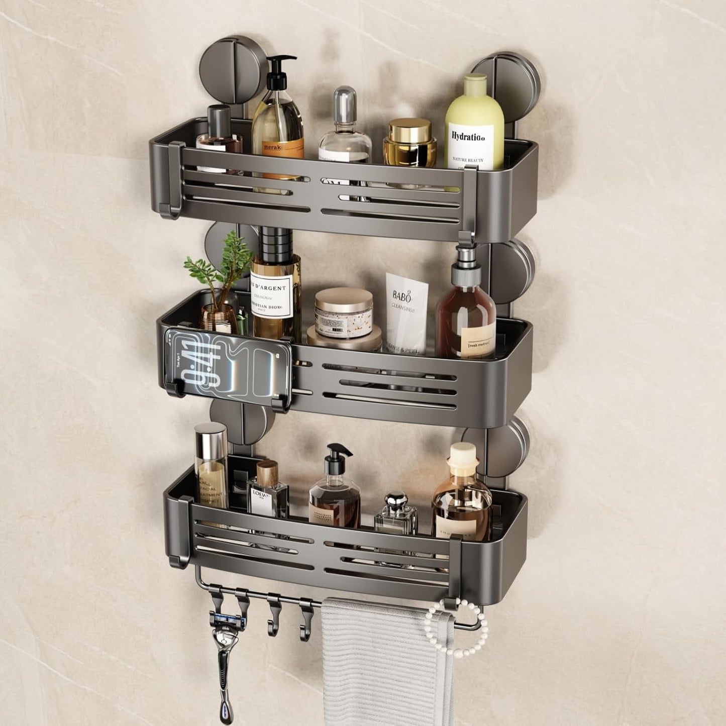VOLPONE Shower Caddy Suction Cup No Drilling Suction Cup Shower Shelf Heavy Duty Bathroom Shower Organizer Storage Rack Adhesive with Towel Bar Hooks (3-Pack, Matte Gray)