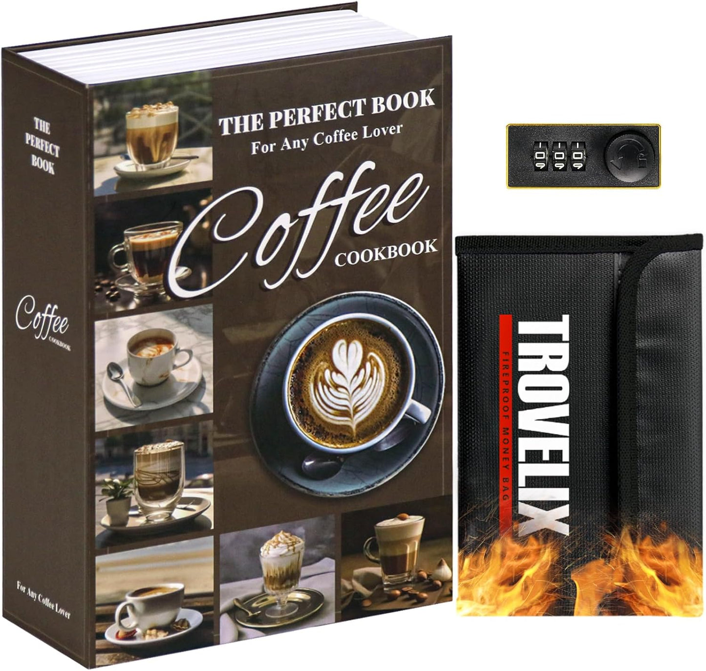 Book Safe with Combination Lock, Hidden Safe (9.5 x 6.2 x 2.2 Inch) with Fireproof Bag, Secret Diversion Safe, Hollow Book Box Hidden Storage, Money Safe Box for Cash (COFFEE)