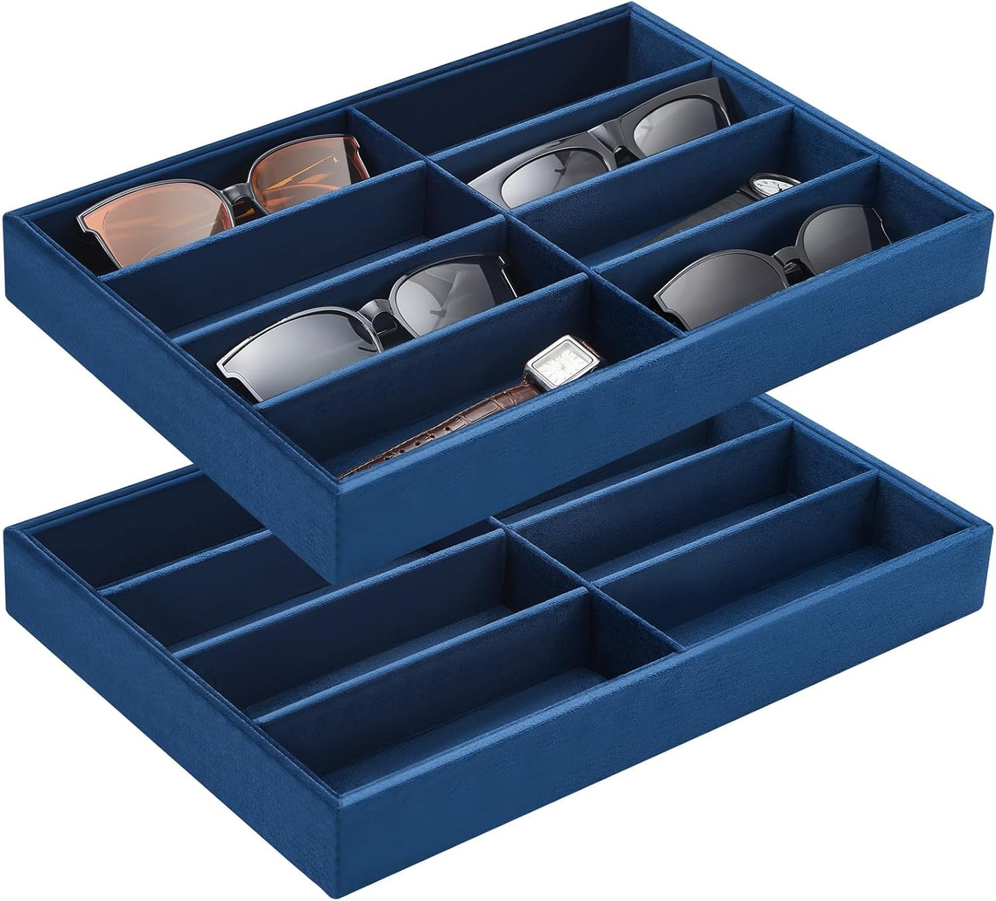 Amylove 2 Pcs Sunglass Organizer Trays Glasses Stackable Jewelry Trays Sunglass Organizer Display Box(8 Grids,Navy Blue)