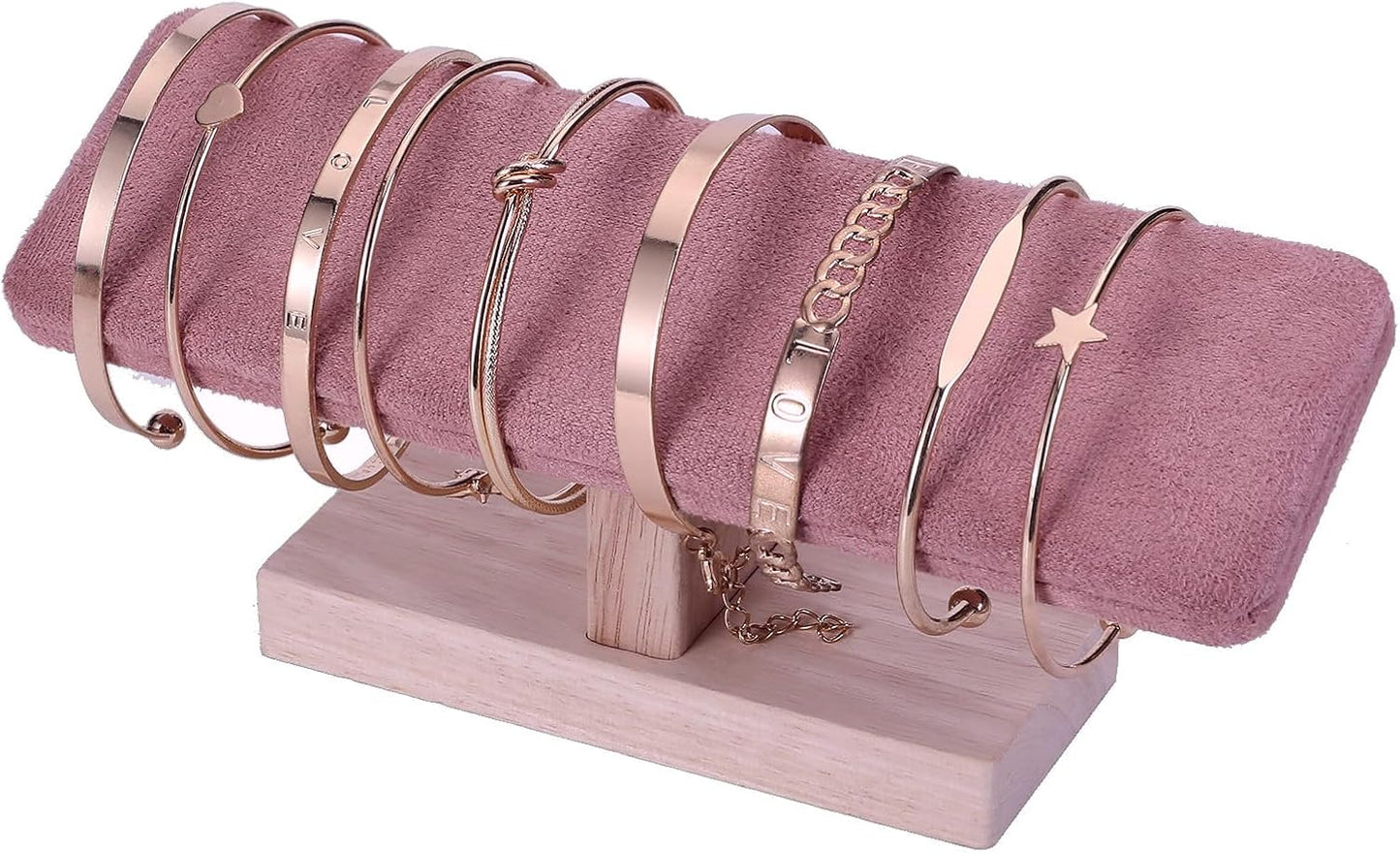Wooden Watches Display Tower Base Watch Neck Bracelet Organizer Rack Bangle Scrunchie Headband Showcase Tower Pink Suede