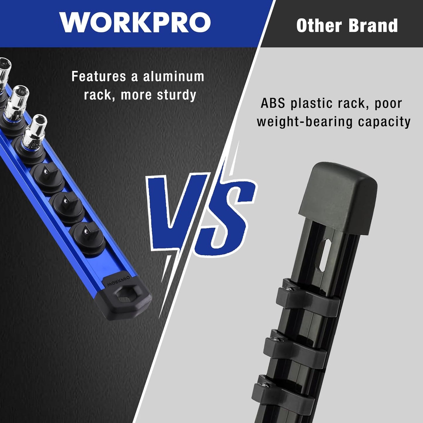 WORKPRO Magnetic Socket Organizer Set, 3-Piece Aluminum Alloy Socket Rail, Heavy Duty Socket Holder, Socket Rack Kit 1/4-Inch x 12 Clips, 3/8-Inch x 10 Clips, 1/2-Inch x 10 Clips (Blue)