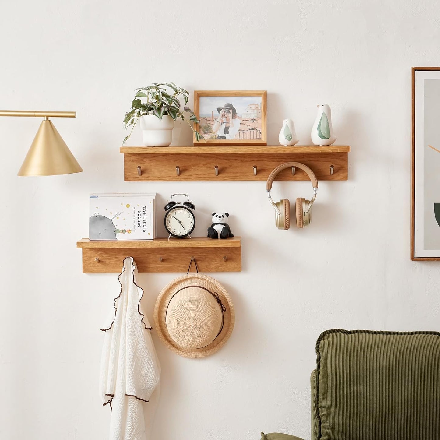 Oak Wood Coat Rack Wall Mount With Shelf 20 Inch Long, 5 Hooks, Floating Entryway Wall Shelf for Bathroom, Hallway, Living Room