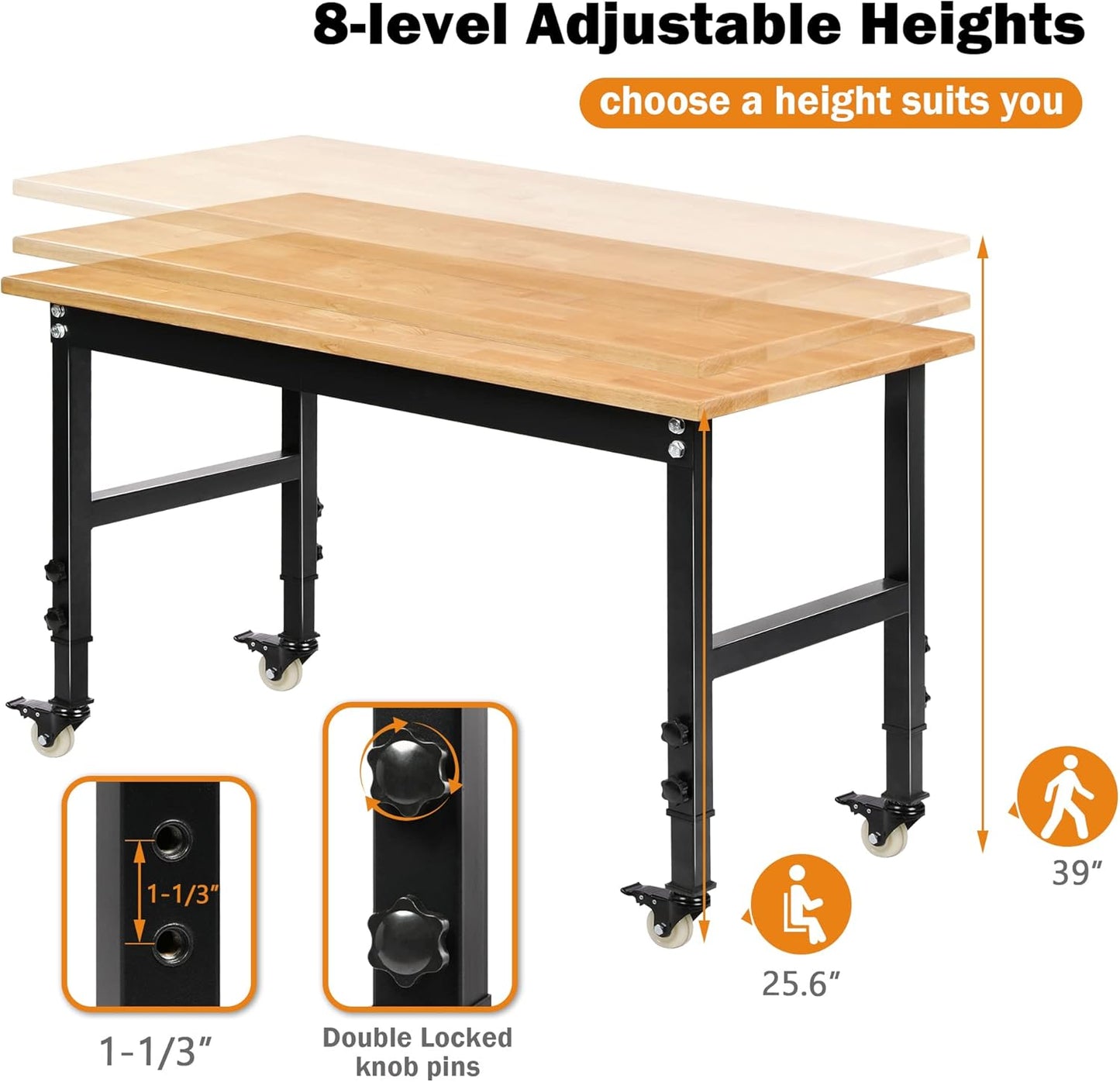 Betterhood 48" Heavy-Duty Adjustable Workbench for Garage, Rubber Wood Shop Table W/Metal Wheels, Hardwood Workstation Weight Capacity Over 2000 Lbs with Wheels