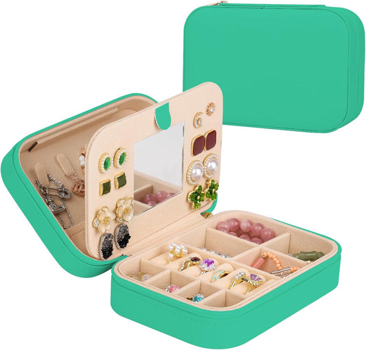 TopPerfekt Travel Jewelry Case, Jewelry Box with Mirror, Jewelry Organizer Bridal Shower Gifts to Her, Earring Storage Travel Case, Trendy Gift for Women and Girls, Girlfriend-Pure Green