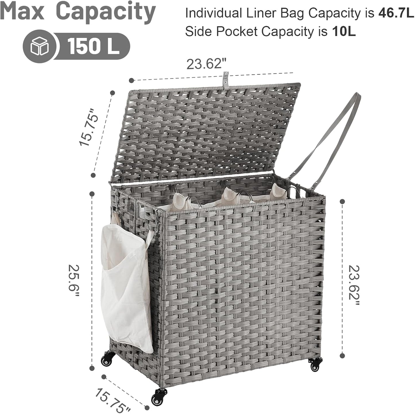 Laundry Hamper with Wheels, 39.6 Gallon(150L) Rolling Laundry Basket with Lid, 3-Section Rattan Clothes Hamper with 3 Removable Liner & 3 Mesh Bags, Laundry Sorter with Side Pocket, Grey