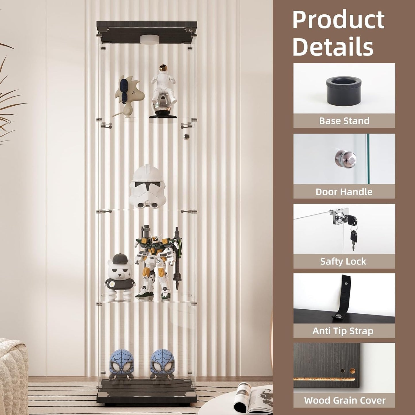Beauty4U Glass Display Cabinet with Light, 4 Shelves, Curio Cabinets for Living Room, Bedroom, Office, Black Floor Standing Glass Bookshelf, Quick Installation