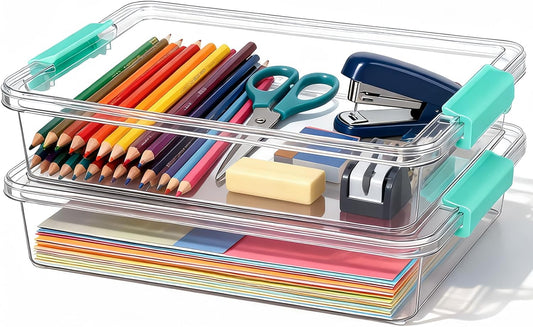 6 Qt Clear Plastic Storage Bins Containers with Lids, Arts Crafts Organizers and Storage, Stackable Containers for A4 Paper File Scrapbook Documents for Home Office and School Supplies 2 Pack