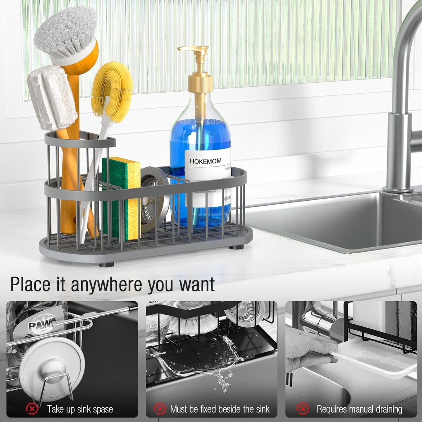 Kitchen Sink Organizer with Sponge Holder & Brush Holder - Drain-Free Non-Slip Base, 2.6mm Stainless Steel with Grey Rust-Resistant Coating - Easy Install & Clean Kitchen Sink Caddy