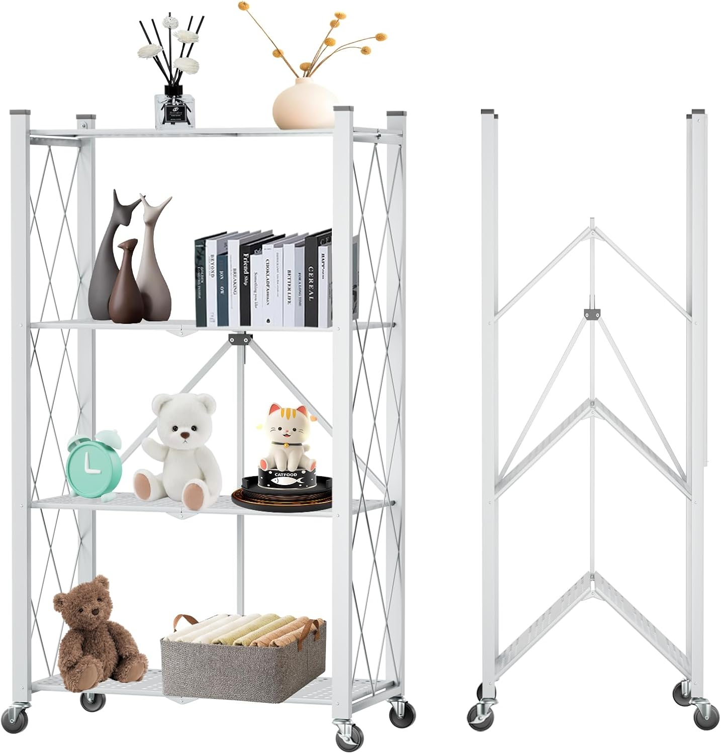 4 Tier Foldable Storage Shelf with Wheels, Heavy Duty Folding Shelf Loads 600 LBS, Metal Steel Collapsible Shelves, Rolling Standing Utility Rack for Kitchen, Pantry, Office, White