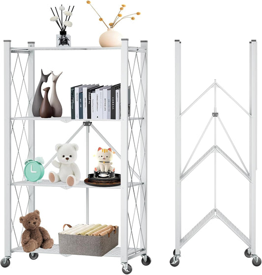 4 Tier Foldable Storage Shelf with Wheels, Heavy Duty Folding Shelf Loads 600 LBS, Metal Steel Collapsible Shelves, Rolling Standing Utility Rack for Kitchen, Pantry, Office, White