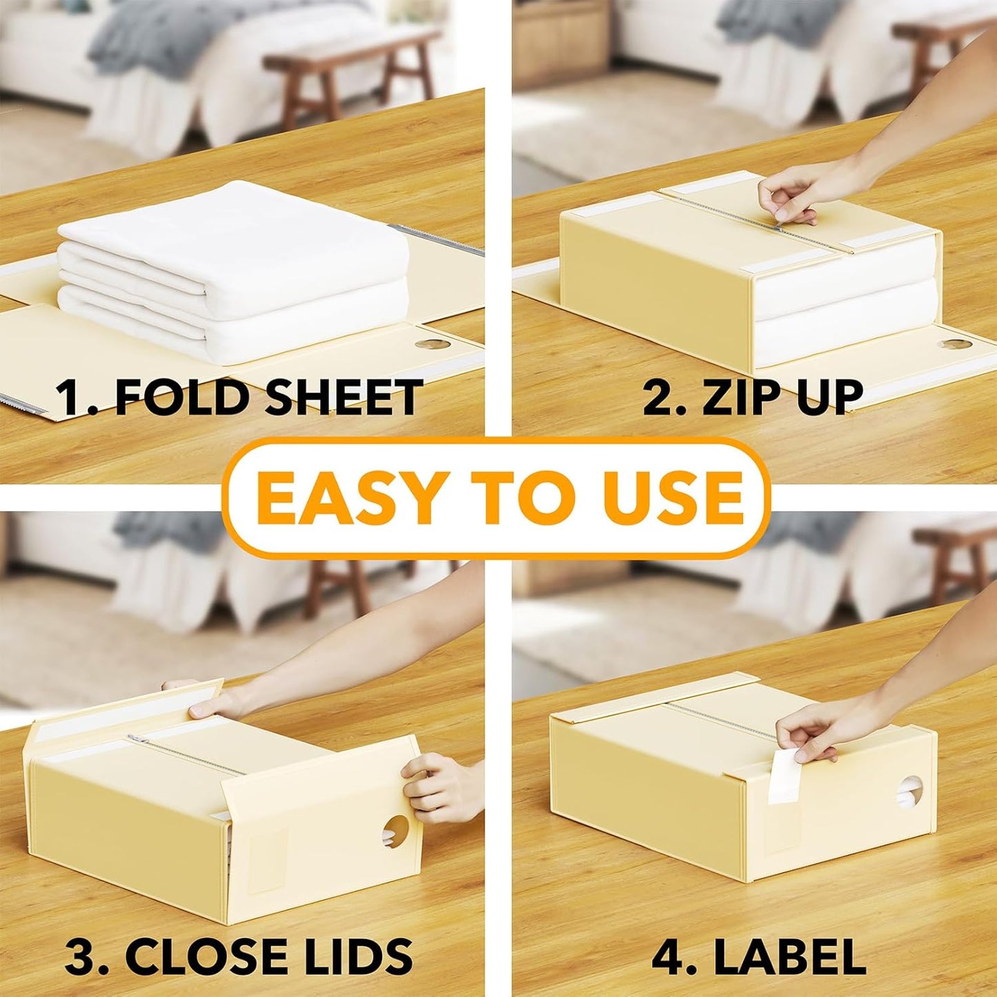 SpaceAid 3 Pack Bed Sheet Organizers and Storage, Foldable Linen Closet Organizer, Set Folder Keeper With Window XL (Queen & King Size) Bedding Container (Beige)