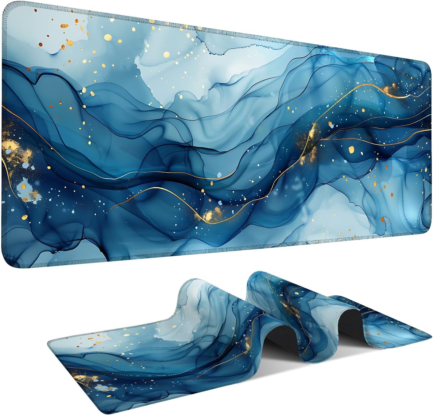 Large Mouse Pad, Blue Abstract Marble Desk Mat, Extended Gaming Mouse Pad with Non-Slip Rubber Base, Thick 3mm Smooth Surface Keyboard Mat for Office & Home,35.5 x 15.8 in