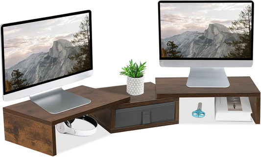 TEAMIX 3 Shelf Monitor Stand Riser With Drawer - Length and Angle Adjustable Dual Riser With Storage Corner Desk Shelf Organizer Large Computer Stand for 2 Monitors/Laptop (Brown, 1 Drawer)