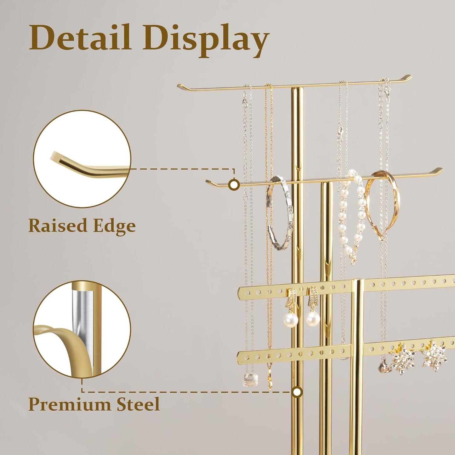 pickpiff Jewelry Stand Organizer Necklace Holder- 14.5" Sturdy Earring and Bracelet Display Hanger, Mirrored Gold, Aesthetic Room Decor
