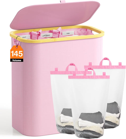 Hampers for Laundry Basket with Lid, 145L Extra Large 3 Section Clothes Divided Organizer for Bedroom, Laundry Room, Dirty Clothing Hamper, Pink