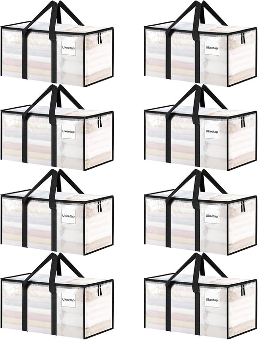 8 Pack Extra Large Heavy Duty Moving Bags, Clear Storage Bins with Lids, Reinforced Handles & Heavy-Duty Zippers Moving Boxes Storage Bags Totes for Clothes Packing, Dorms, College Supplies, Clear