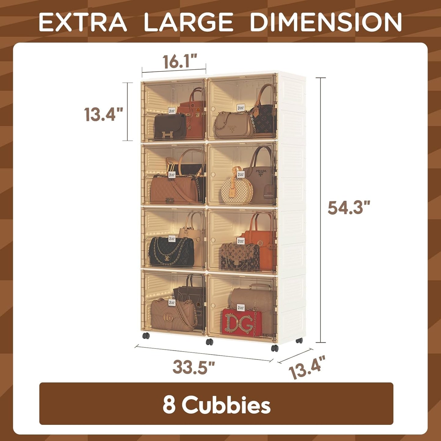 8 Cubbies Handbag Storage Organizer for Closet, Foldable Purse Display Cabinet with Magnetic Doors and Wheels, Fits Shoes&Boots, Books, Toys, and More