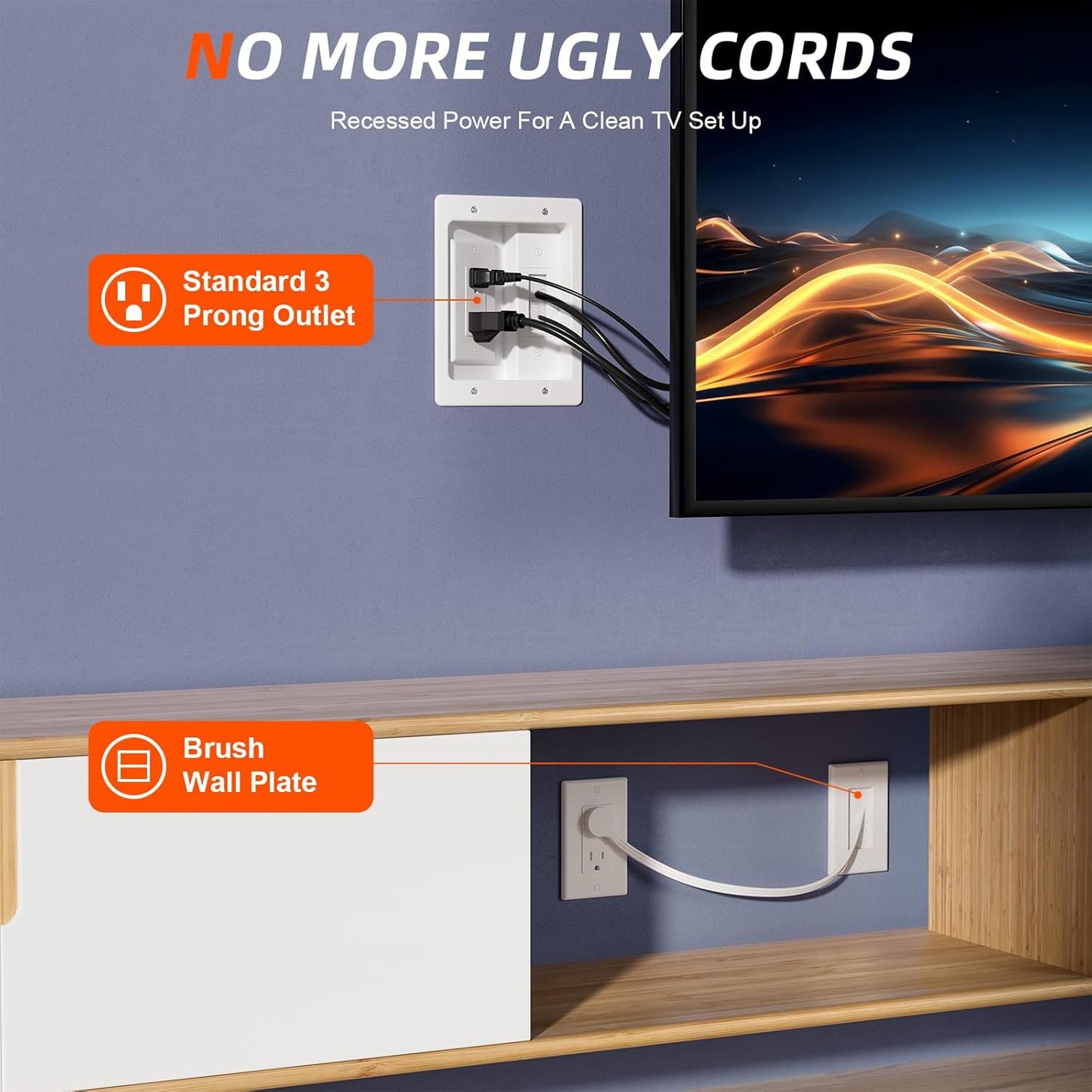 in Wall Cable Management Kit,TV Cable Hider Wall Kit with Brush Wall Plate and 9.8FT Cord,2 AC Outlets,Recessed Outlet Box for Wall Mount TV Home Theater Setups Cords Organizer