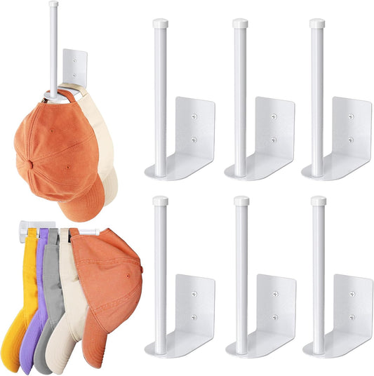 6 Pack Hat Racks for Baseball Caps, Stainless Steel Hat Organizer for Baseball Cap, Hat Holder Storage Organizer, Hat Hanger Strong Adhesive/Wall Drilled for Door, Bedroom, Closet(White 6 in)