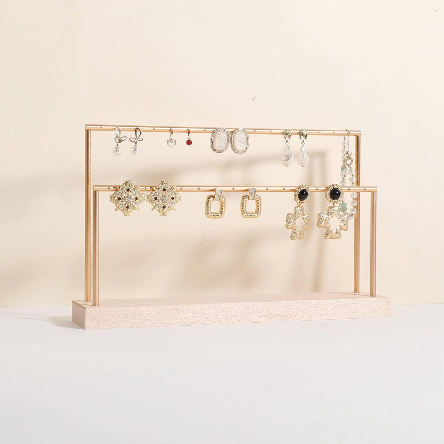 GemeShou wooden earring holder organizer for girls, maple stud earring display stand for boutique store, jewelry storage organizer shelf【maple stand-Two Tiers】