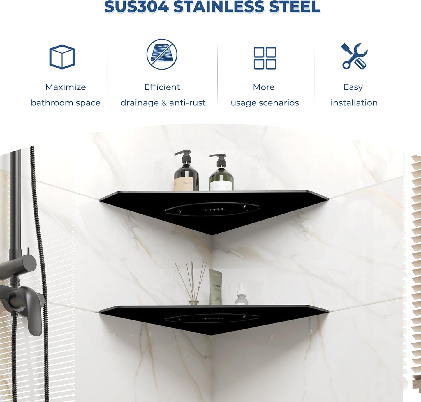 FerdY 2-Pack 10" Matte Black Recessed Corner Shower Shelf, for Tiled Bathroom Walls, Floating Shelf, 304 Stainless Steel Shower Caddy Storage Shelves, No Drilling Required, Rugby Diamond